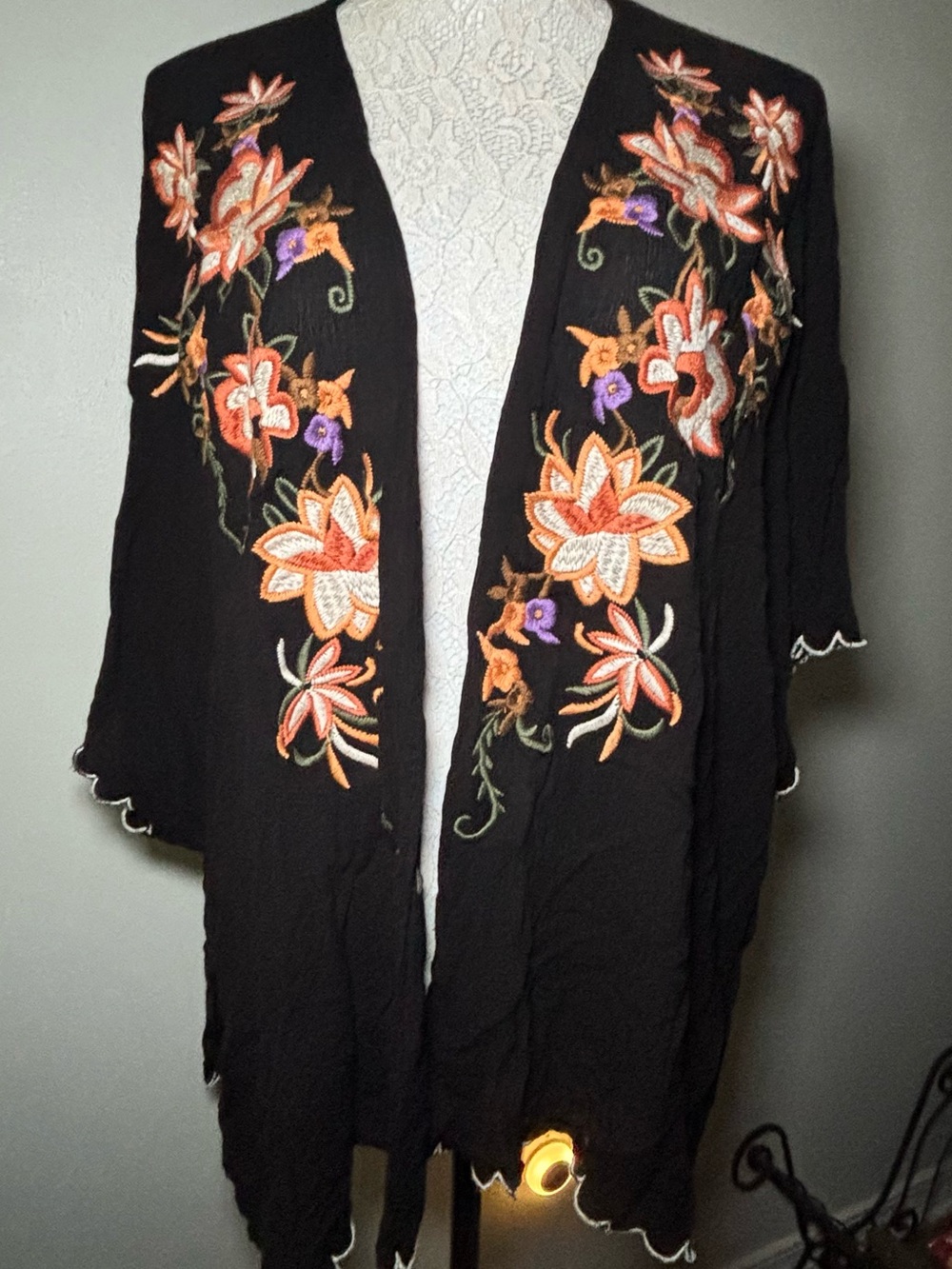 Umgee Black Open-Front Cardigan with Orange & Purple Floral Embroidery